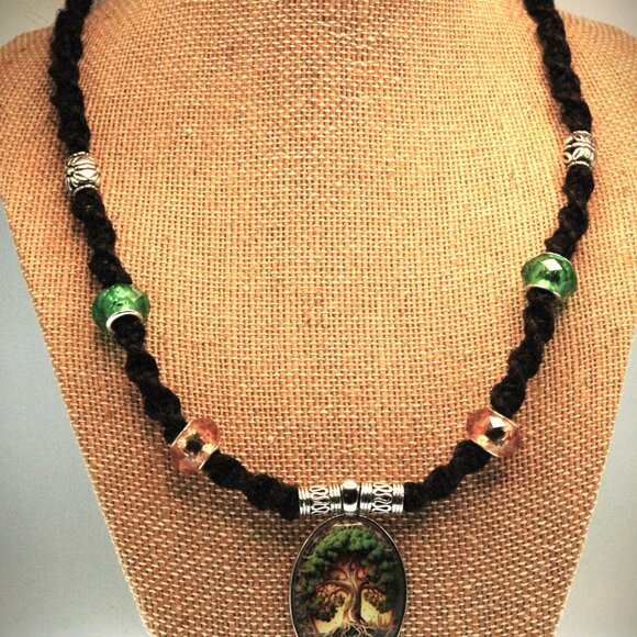 Celtic Tree of Life on a 21" Handmade Black Hemp Chain with Brown & Green Accent - Picture 2 of 7